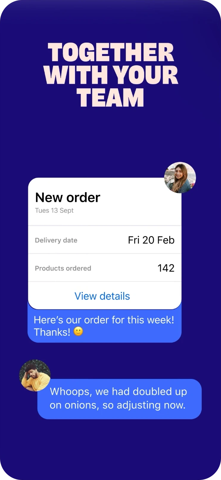Choco app chat with a new order card and messages between team members