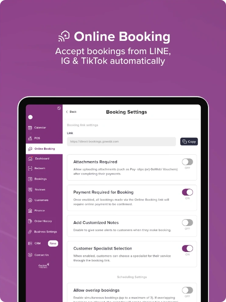 GoWabi POS booking settings on tablet