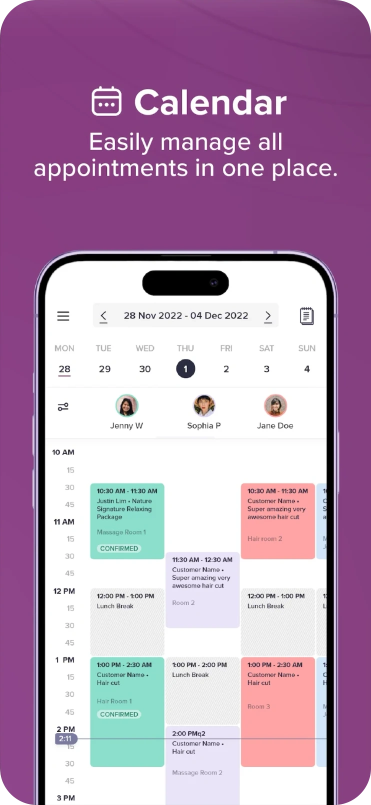 GoWabi POS day calendar on phone with staff avatars and rooms