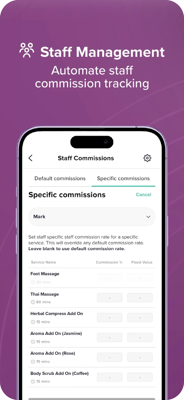 GoWabi POS specific staff commissions on phone