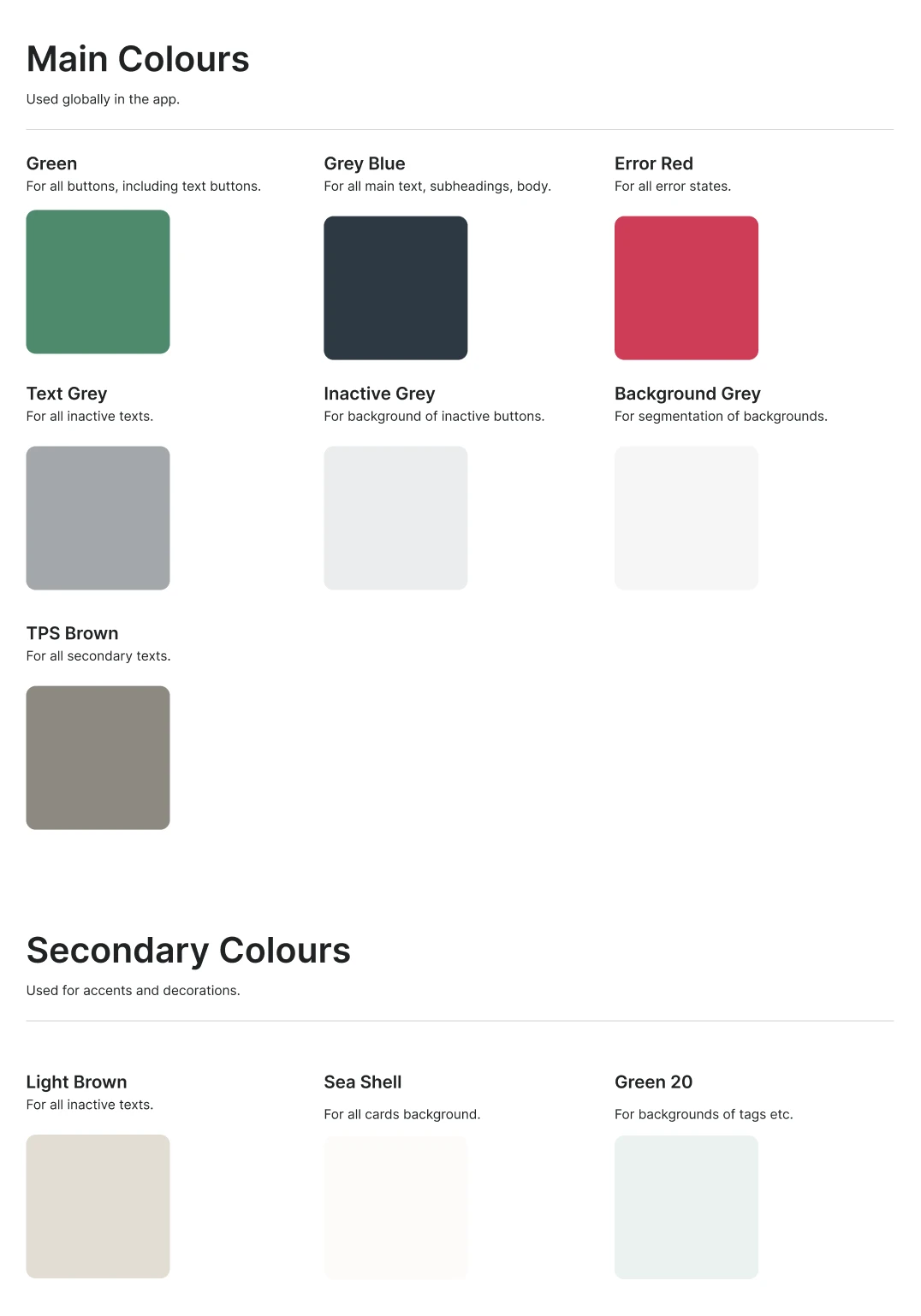 Design system sheet: main and secondary colours, each with its job