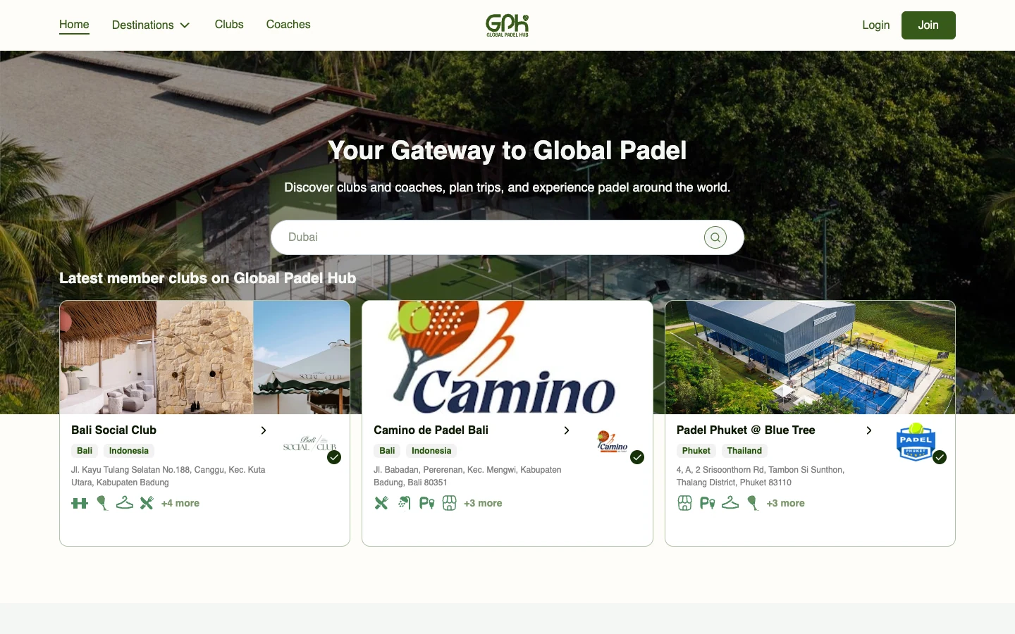 The Global Padel Hub home page before the redesign
