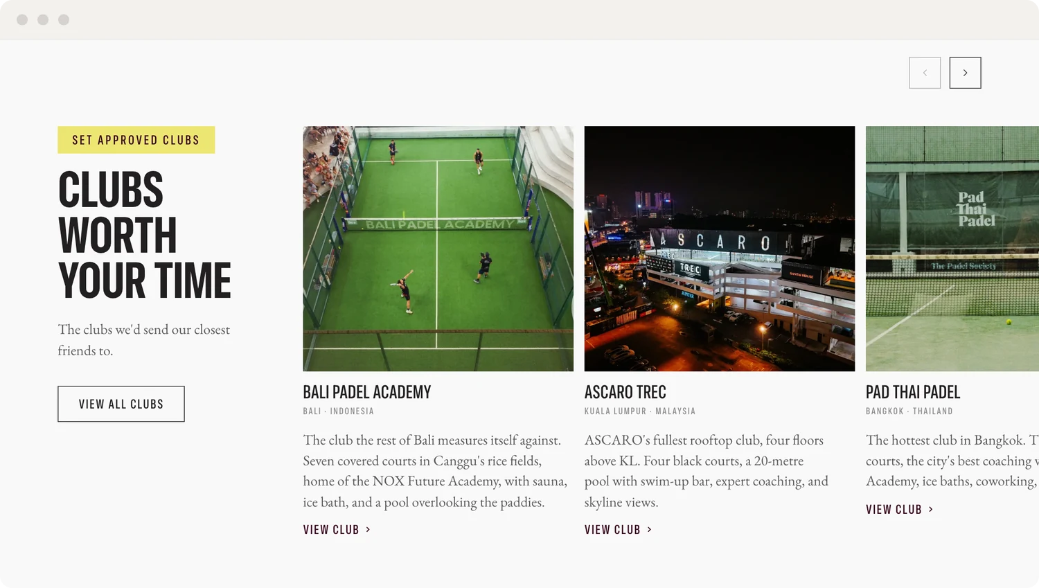 SET approved clubs section with Bali Padel Academy and Ascaro Trec
