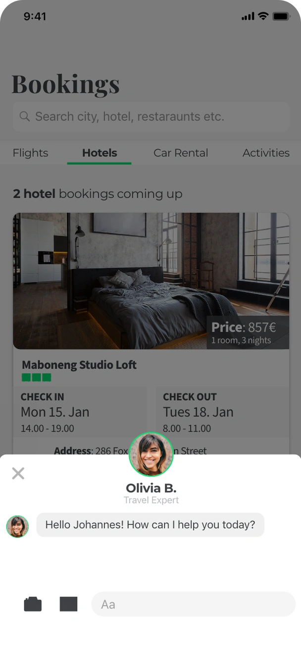Tourlane prototype chat sheet opening over the hotel bookings screen